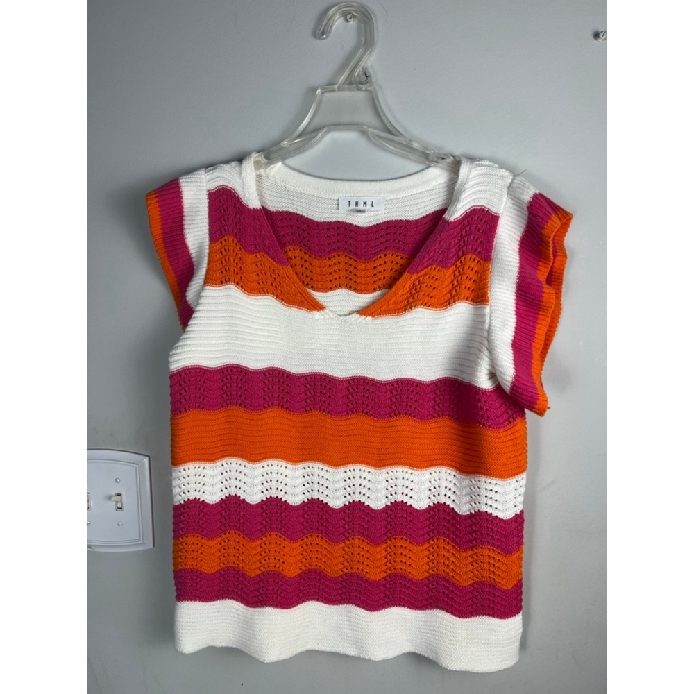Women's THML Knit Top Size M White Orange Pink Striped Sleeveless - Picture 2 of 7